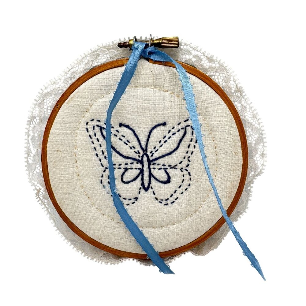 Handmade Butterfly Embroidery Hoop Wall Art With Blue Ribbon & Lace Trim